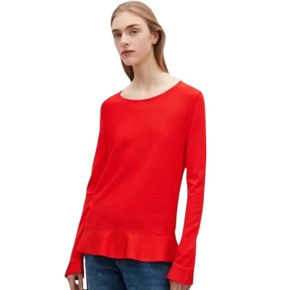 COS Fine Knit Red Long Sleeve Pleated Blouse